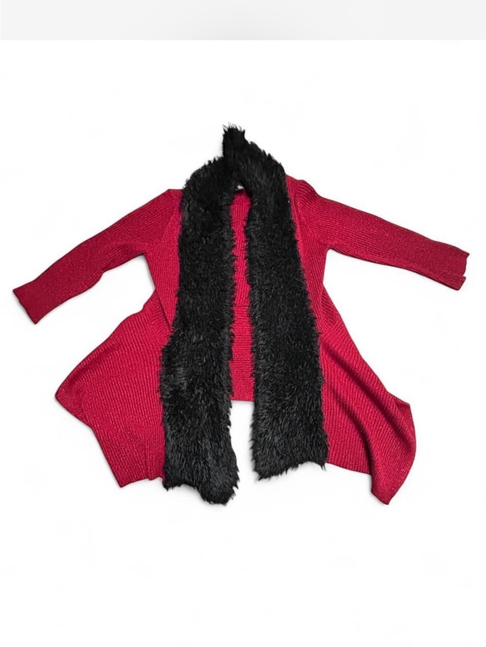 Lauren Michelle Red Open-Front Knit Cardigan with Black Faux-Fur Scarf